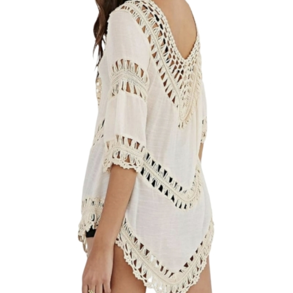 Crochet Boho Coverup Top in Cream Size Medium